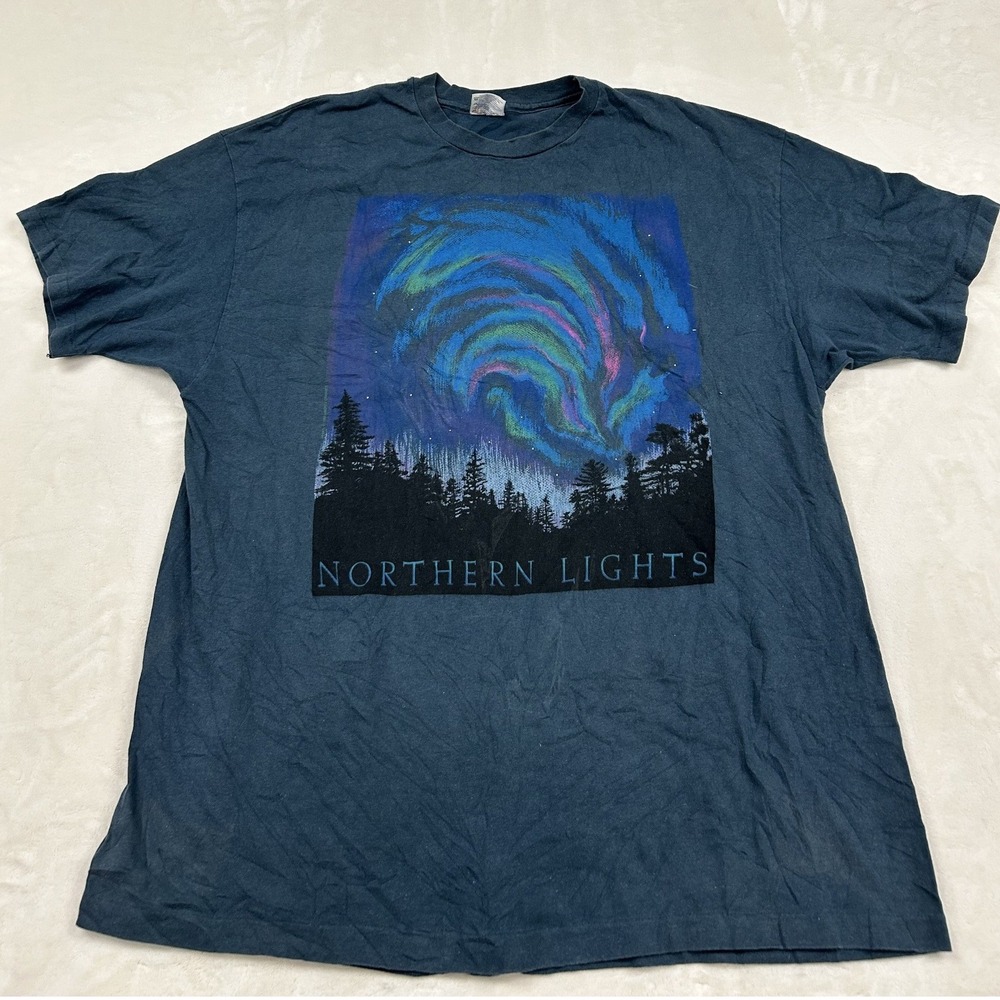 90s Hanes T-Shirt Mens XXL Blue Northern Lights Graphic Nature Aurora Borealis